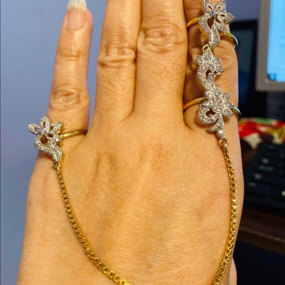 2 Finger DBL Ring Women Jewelry CZ Flower Crystal